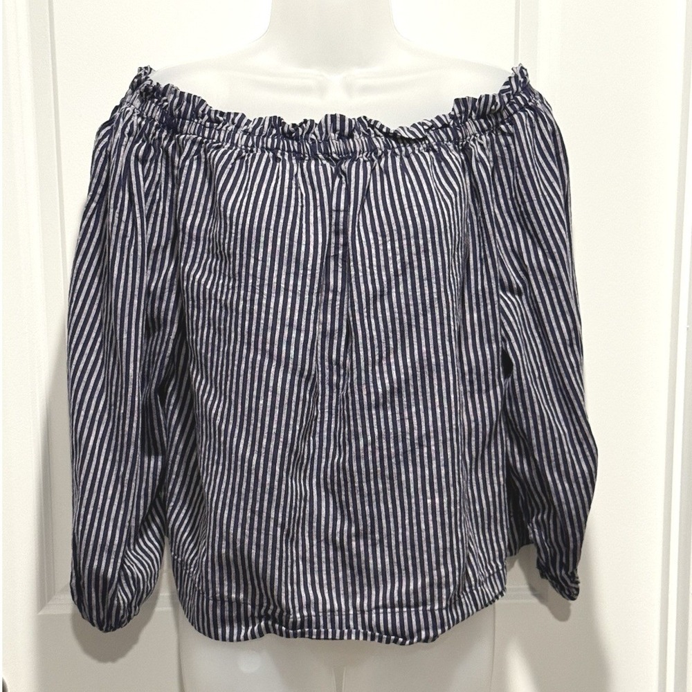 A New Day Striped Off The Shoulder Blue Striped Top Large Women's Blouse Shirt L